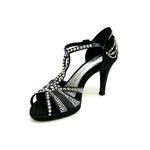 Load image into Gallery viewer, CAMILA Superb (accollata) L13P - Dance Shoe in Black Satin Silk with Boreal Swarovski and Wide Low Stiletto Heel with Plateau
