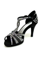 Carica immagine nella Galleria, TANIA Superb (accollata) L13P - Scarpa da Ballo in Raso Seta Nero con Swarovski Boreali e Tacco Basso a Spillo Largo con Plateau
