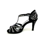 Load image into Gallery viewer, CAMILA Superb (accollata) L13P - Dance Shoe in Black Satin Silk with Boreal Swarovski and Wide Low Stiletto Heel with Plateau
