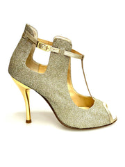 Carica immagine nella Galleria, Jenny (18/06) - Scarpa in Glitter Oro Platino con dettagli e Cinturini in Lurex Oro Tacco a Spillo Laminato Oro