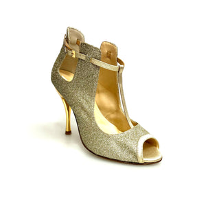 Jenny (18/06) - Scarpa in Glitter Oro Platino con dettagli e Cinturini in Lurex Oro Tacco a Spillo Laminato Oro