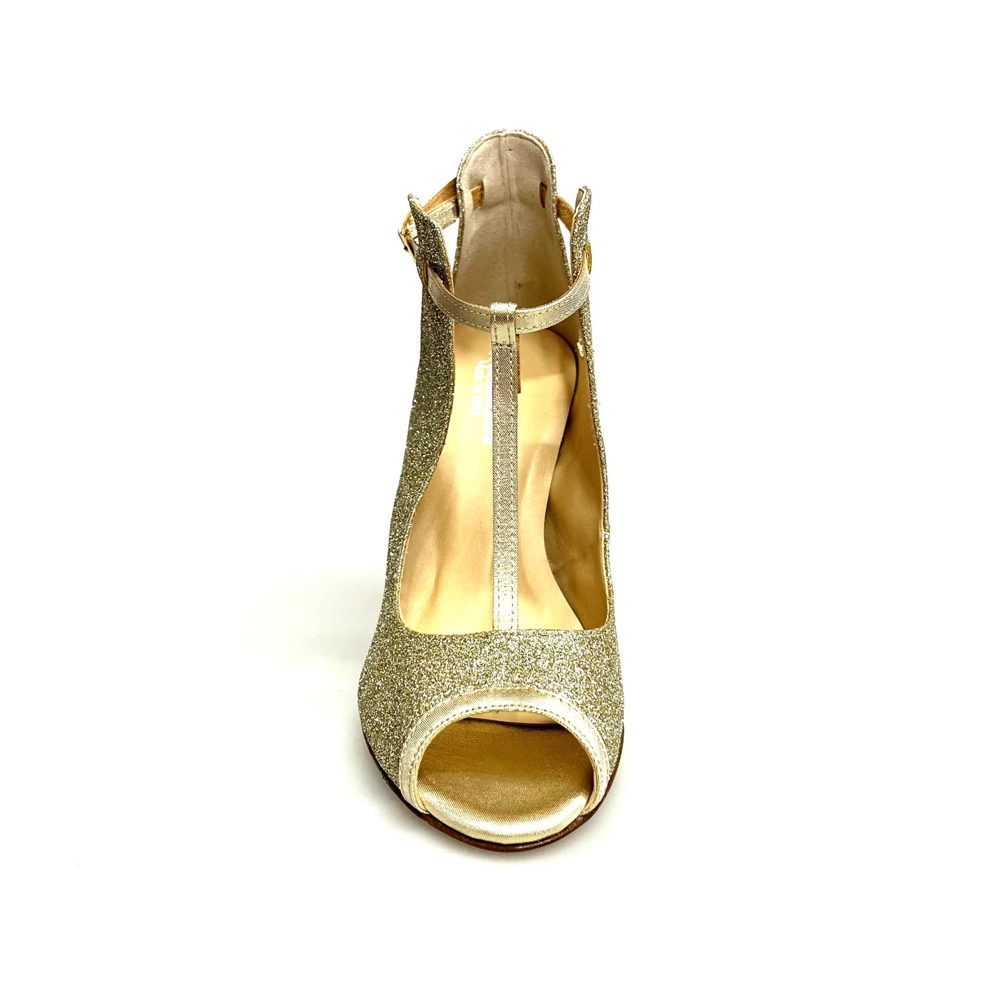 Scarpa Jenny in glitter oro platino con cinturini in lurex oro e tacco a spillo laminato oro, eleganti scarpe da ballo Wish Dance Shop