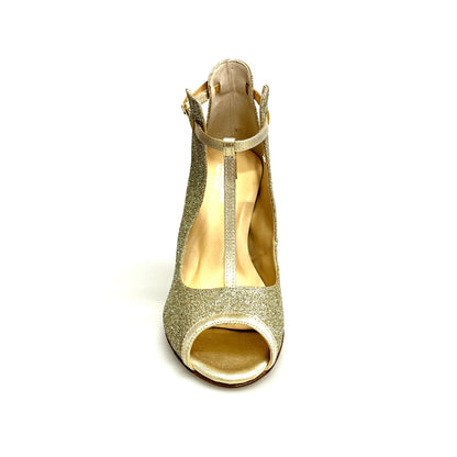 Scarpa Jenny in glitter oro platino con cinturini in lurex oro e tacco a spillo laminato oro, eleganti scarpe da ballo Wish Dance Shop