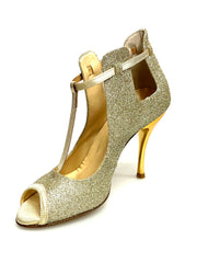 Carica immagine nella Galleria, Jenny (18/06) - Scarpa in Glitter Oro Platino con dettagli e Cinturini in Lurex Oro Tacco a Spillo Laminato Oro