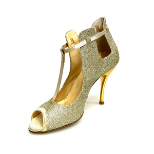 Jenny (18/06) - Scarpa in Glitter Oro Platino con dettagli e Cinturini in Lurex Oro Tacco a Spillo Laminato Oro