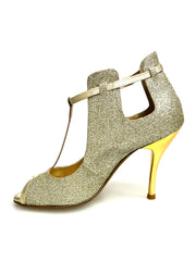 Carica immagine nella Galleria, Jenny (18/06) - Scarpa in Glitter Oro Platino con dettagli e Cinturini in Lurex Oro Tacco a Spillo Laminato Oro