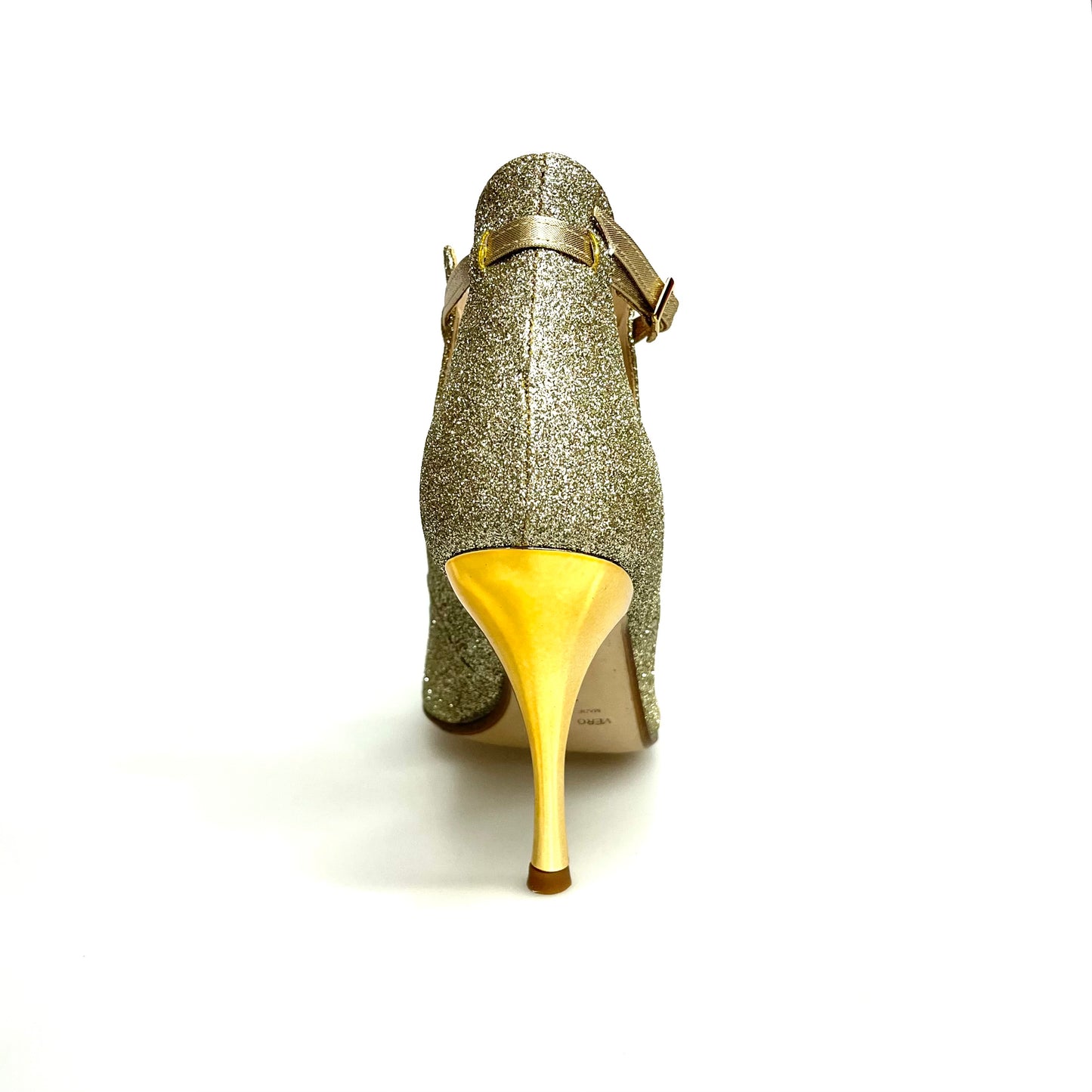 Scarpa Jenny in glitter oro platino con dettagli lurex oro e tacco a spillo laminato oro, di Wish Dance Shop