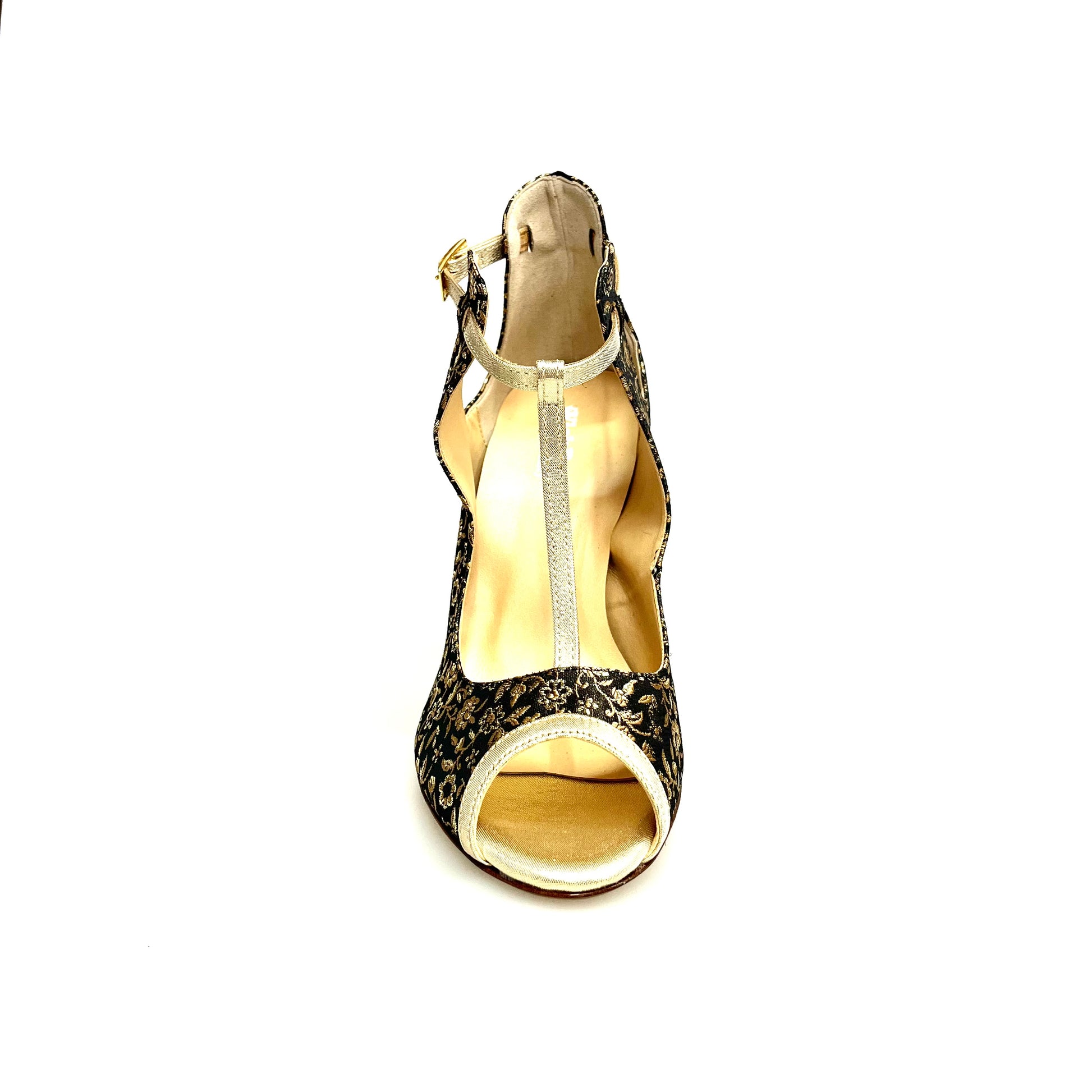 Scarpa Jenny in Cate Fiorato Veneziano oro con profili Lurex oro e tacco a spillo laminato oro, stile elegante e brillante