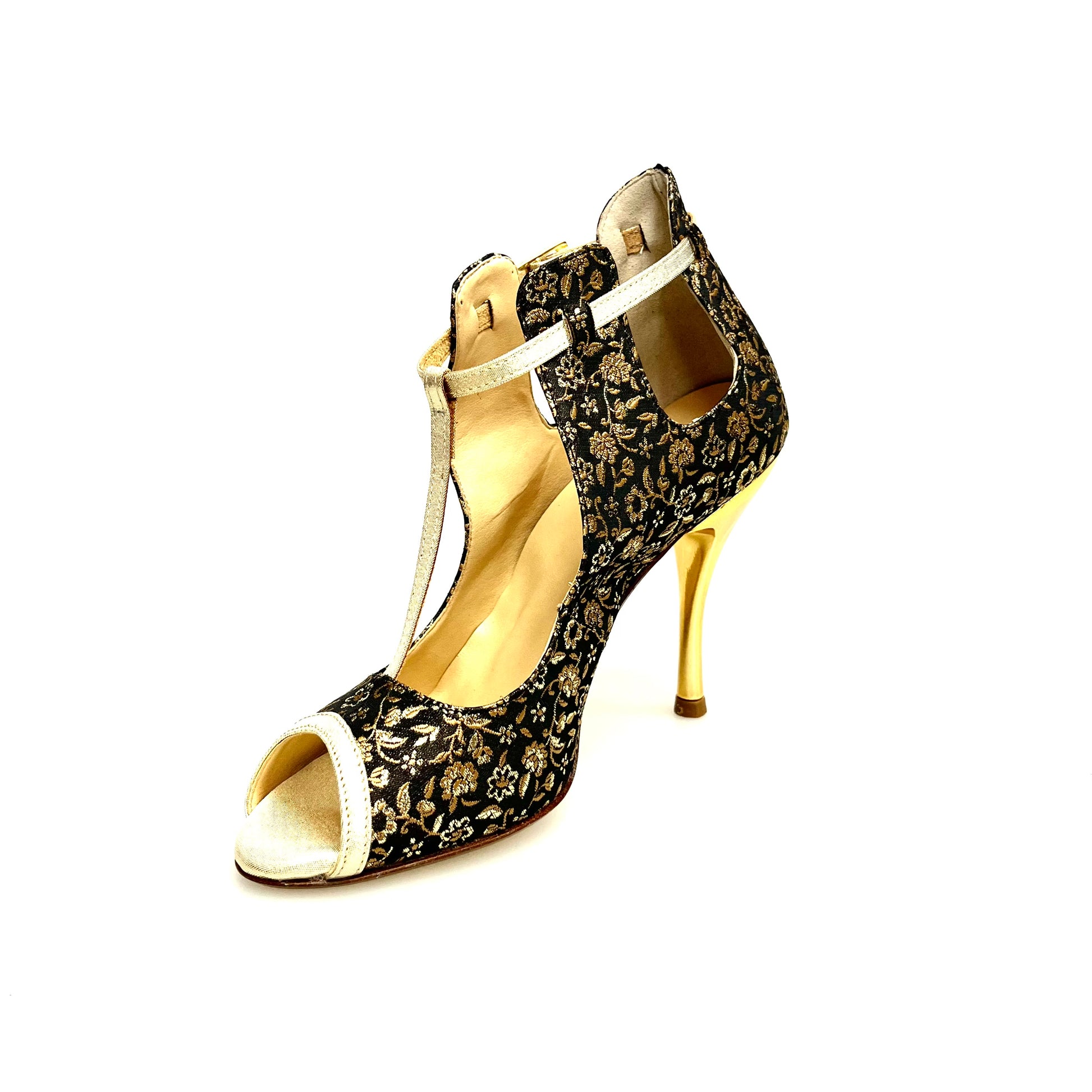 Scarpa Jenny in cate fiorato veneziano oro con profili lurex oro e tacco a spillo laminato oro, scarpe eleganti Wish Dance Shop