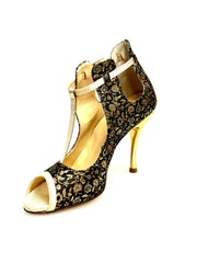 Carica immagine nella Galleria, Jenny (18/06) - Scarpa in Cate Fiorato Veneziano Oro e Profili Lurex Oro con Tacco a Spillo Laminato Oro
