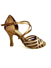 Carica immagine nella Galleria, CAROLIN QC (Marea L14) - Scarpa Da Donna Bi-Flex in Raso Seta Bronzo Con Swarovski Boreali e Tacco a Rocchetto/Slim Latino Alto
