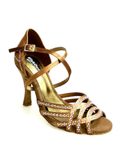 Carica immagine nella Galleria, CAROLIN QC (Marea L14) - Scarpa Da Donna Bi-Flex in Raso Seta Bronzo Con Swarovski Boreali e Tacco a Rocchetto/Slim Latino Alto
