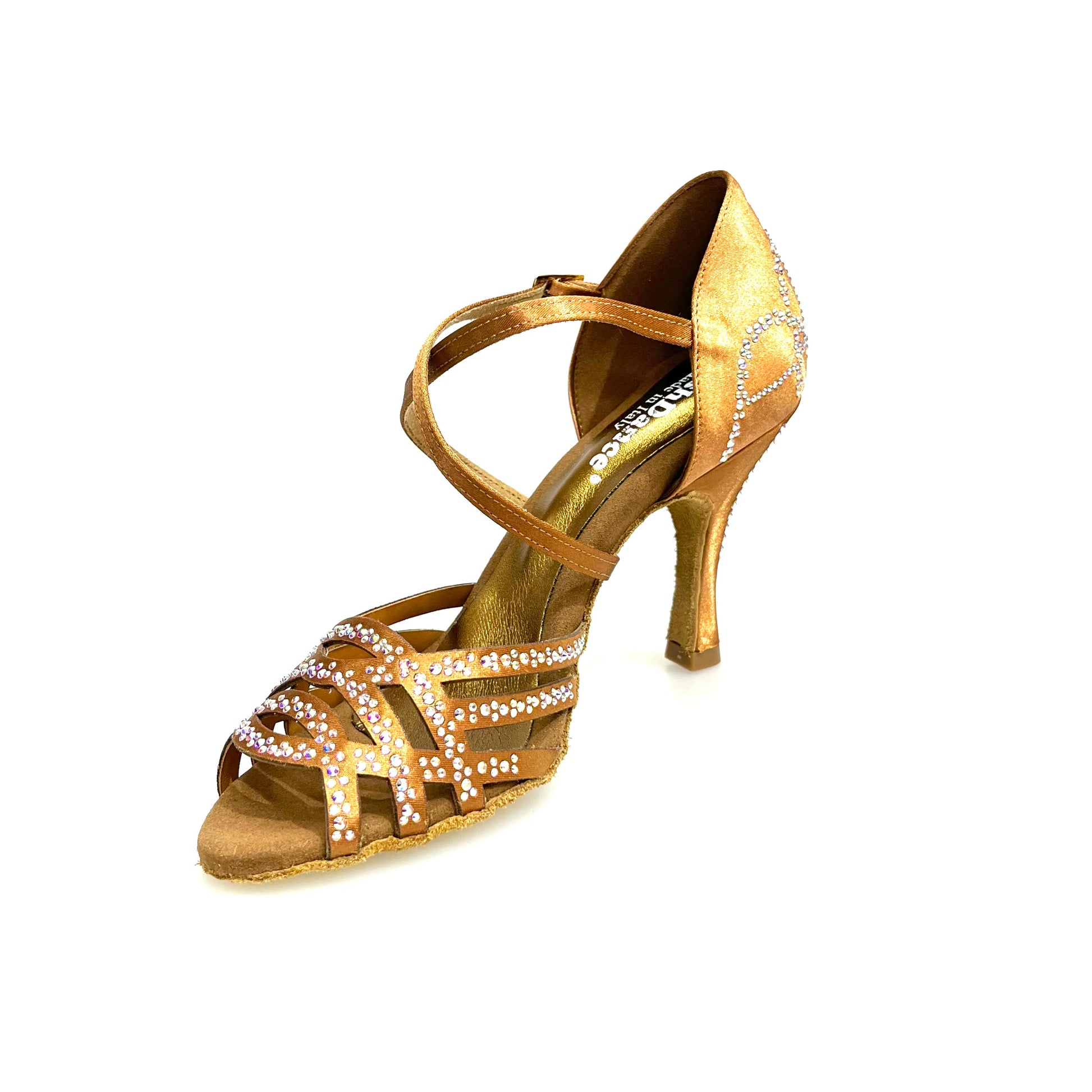 Scarpa donna Carolin QC Wish Dance Shop in raso seta bronzo con Swarovski Boreali e tacco a rocchetto slim alto