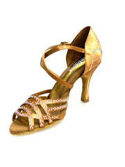 Carica immagine nella Galleria, CAROLIN QC (Marea L14) - Scarpa Da Donna Bi-Flex in Raso Seta Bronzo Con Swarovski Boreali e Tacco a Rocchetto/Slim Latino Alto
