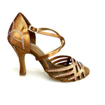 Carica immagine nella Galleria, CAROLIN QC (Marea L14) - Scarpa Da Donna Bi-Flex in Raso Seta Bronzo Con Swarovski Boreali e Tacco a Rocchetto/Slim Latino Alto
