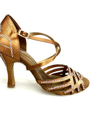 Carica immagine nella Galleria, CAROLIN QC (Marea L14) - Scarpa Da Donna Bi-Flex in Raso Seta Bronzo Con Swarovski Boreali e Tacco a Rocchetto/Slim Latino Alto
