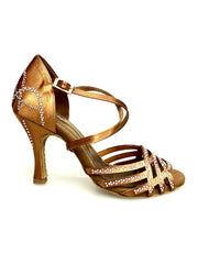 Carica immagine nella Galleria, CAROLIN QC (Marea L14) - Scarpa Da Donna Bi-Flex in Raso Seta Bronzo Con Swarovski Boreali e Tacco a Rocchetto/Slim Latino Alto
