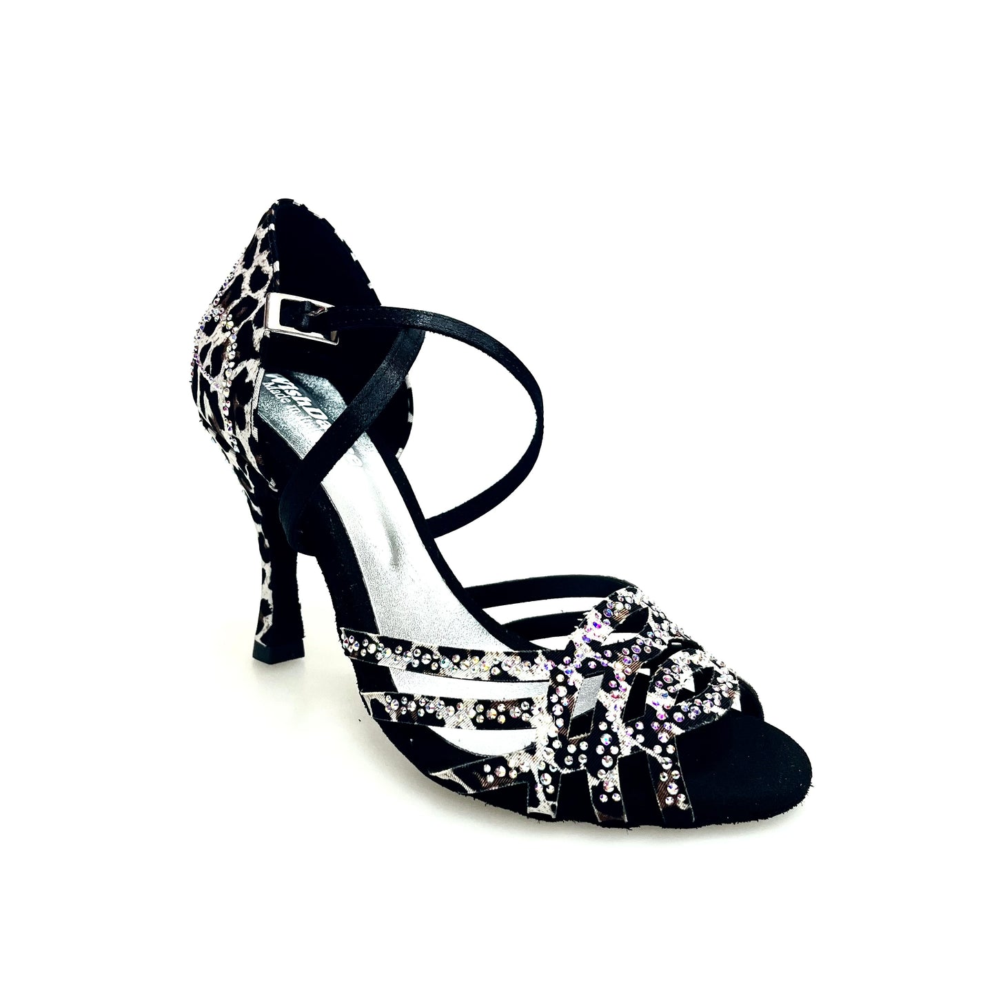 Scarpa da donna Wish Dance Shop Carolin QC Marea L14 in raso seta leopardato bianco con Swarovski e tacco a rocchetto slim alto