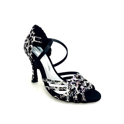 Scarpa da donna Wish Dance Shop Carolin QC Marea L14 in raso seta leopardato bianco con Swarovski e tacco a rocchetto slim alto