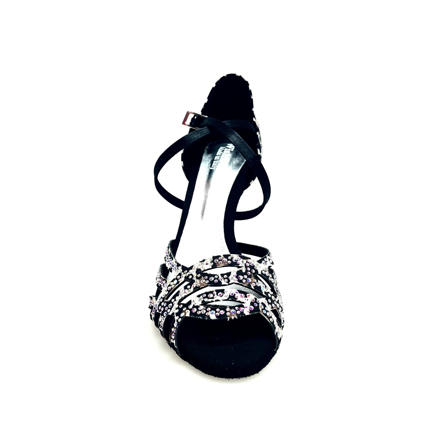 Scarpa da donna Carolin QC Wish Dance Shop, bi-flex in raso seta leopardato bianco con Swarovski e tacco a rocchetto alto.