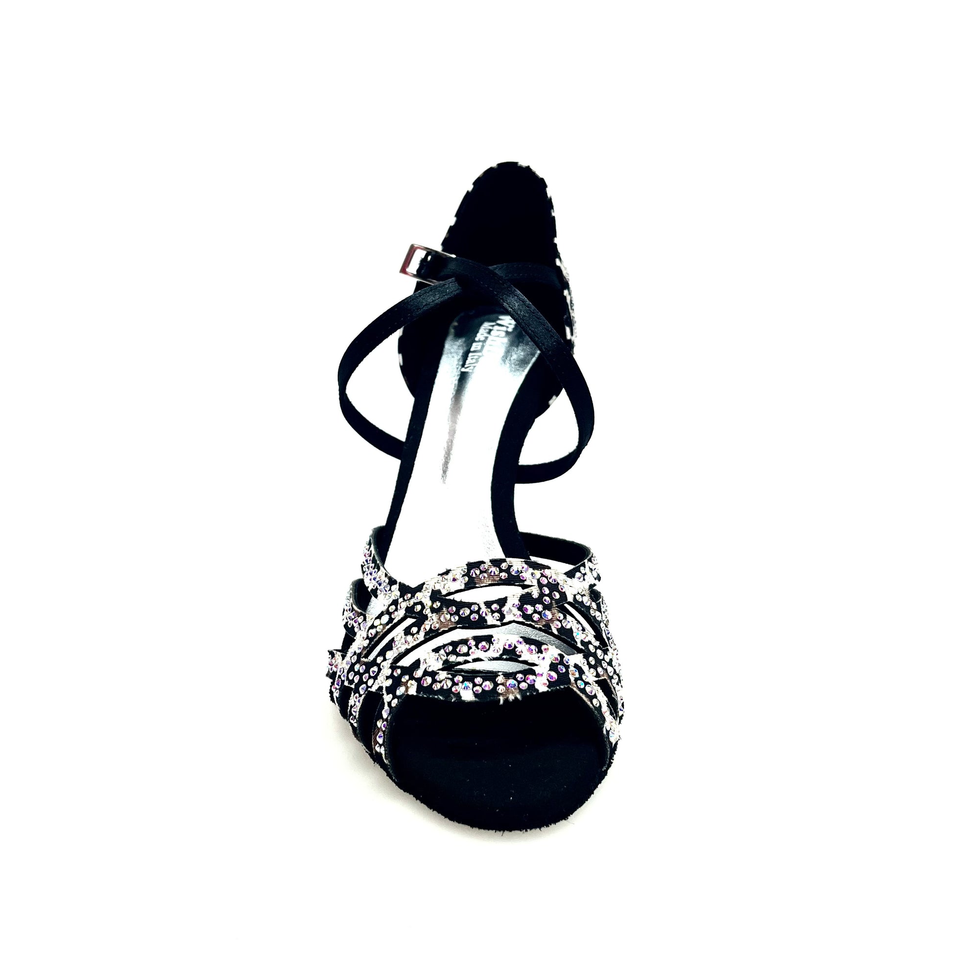 Scarpa da donna Carolin QC Wish Dance Shop, bi-flex in raso seta leopardato bianco con Swarovski e tacco a rocchetto alto.