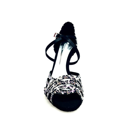 Scarpa da donna Carolin QC Wish Dance Shop, bi-flex in raso seta leopardato bianco con Swarovski e tacco a rocchetto alto.