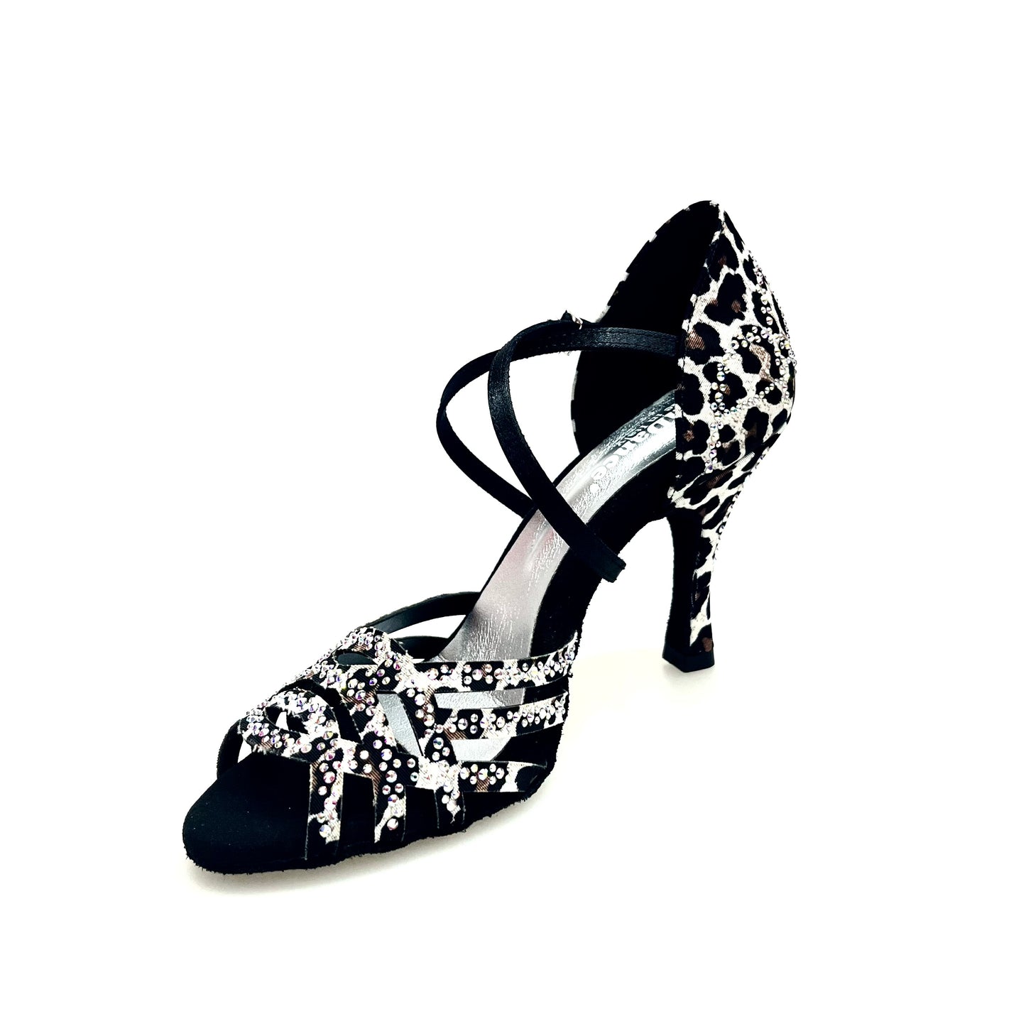 Scarpa da donna Wish Dance Shop Carolin QC Marea L14 in raso seta leopardato bianco con Swarovski Boreali e tacco slim alto