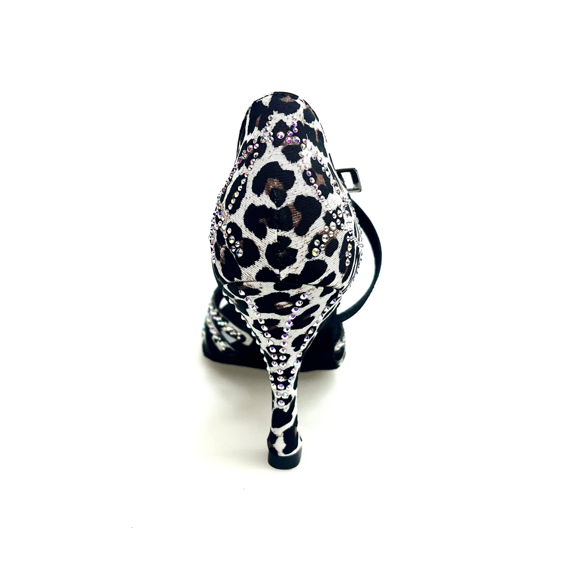 Scarpa da donna Carolin QC Wish Dance Shop in raso seta leopardato bianco con Swarovski e tacco a rocchetto slim alto