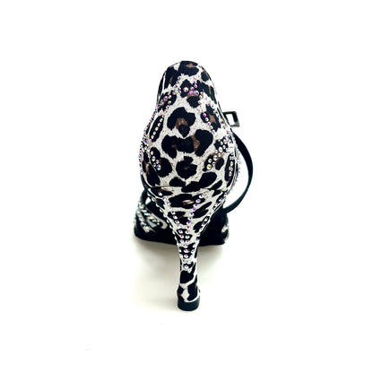Scarpa da donna Carolin QC Wish Dance Shop in raso seta leopardato bianco con Swarovski e tacco a rocchetto slim alto