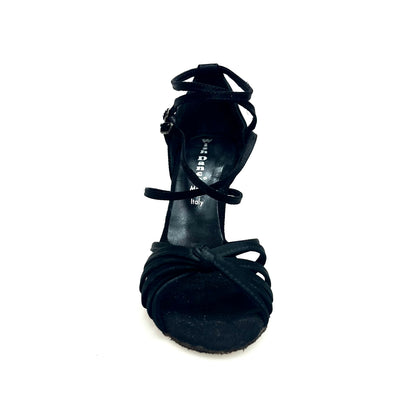 Scarpa da ballo donna Patty QD in raso seta nero con cinturino doppio, tacco rocchettino, fascette e nodo sulla caviglia.