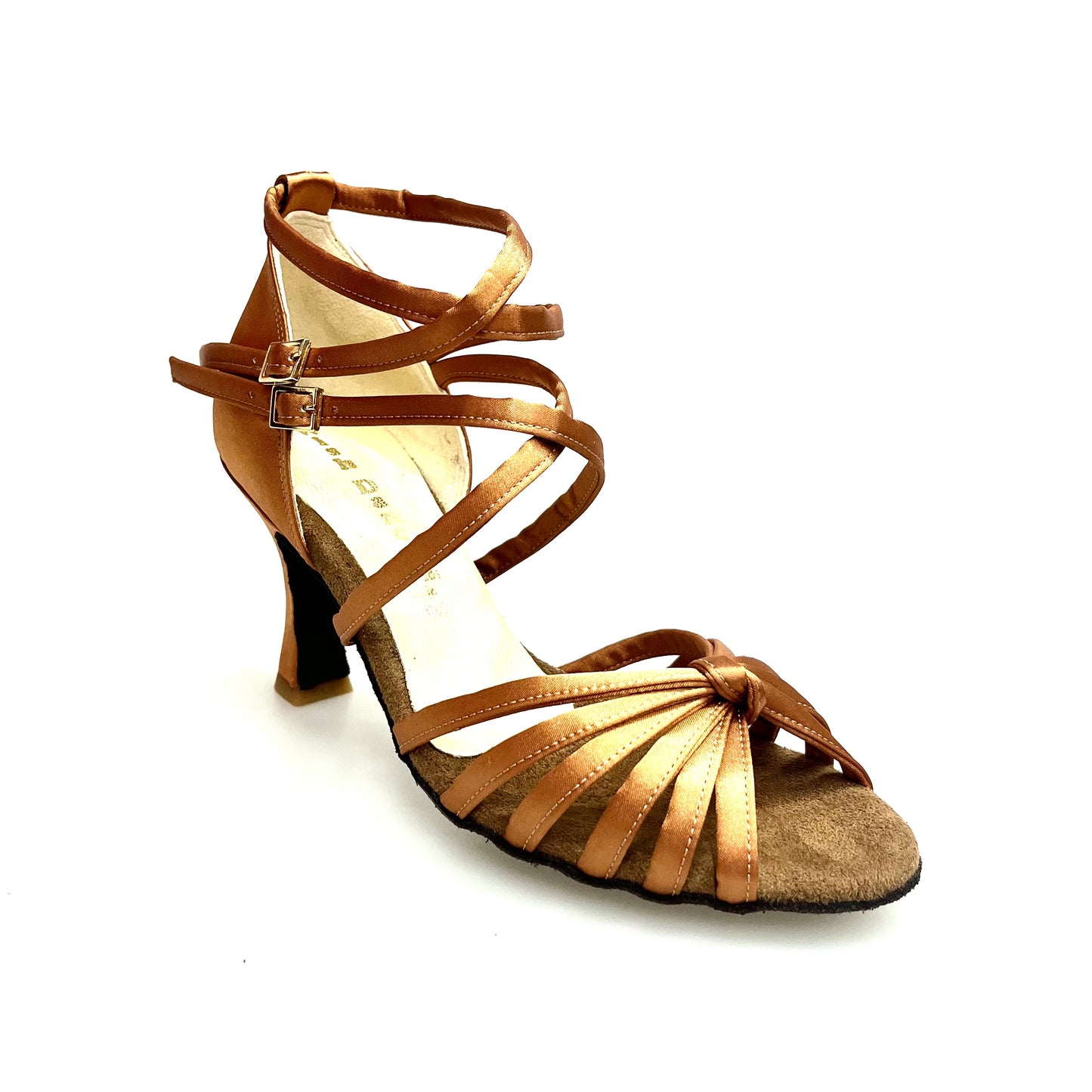 Scarpa da ballo Wishdance Patty QD in raso seta bronzo, con cinturino doppio e tacco a rocchetto, dettagli eleganti e raffinati