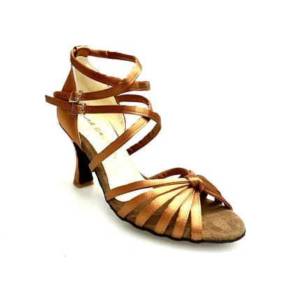 Scarpa da ballo Wishdance Patty QD in raso seta bronzo, con cinturino doppio e tacco a rocchetto, dettagli eleganti e raffinati