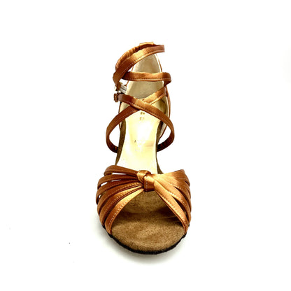 Scarpa da ballo Wishdance Patty QD in raso seta bronzo con fascette, cinturino doppio e tacco a rocchetto, donna.