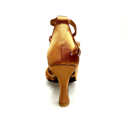 Scarpa da ballo Wishdance Patty QD in raso seta bronzo con cinturino doppio, fasce e tacco a rocchetto, dettaglio elegante.