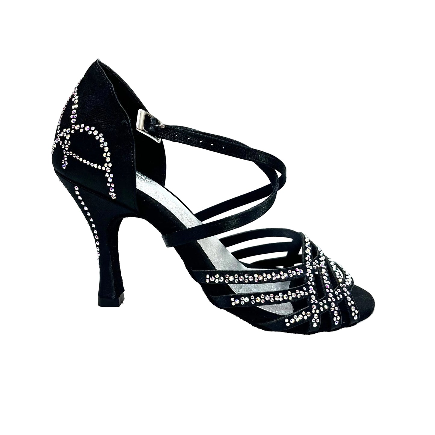 Scarpa da donna Carolin QC Marea L14 di Wish Dance Shop, bi-Flex in raso seta nero con Swarovski, tacco alto a rocchetto slim