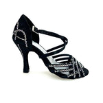 Carica immagine nella Galleria, CAROLIN QC (Marea L14) - Scarpa Da Donna Linea Bi-Flex in Raso Seta Nero Corvino Con Swarovski Boreali e Tacco a Rocchetto/Slim Latino Alto
