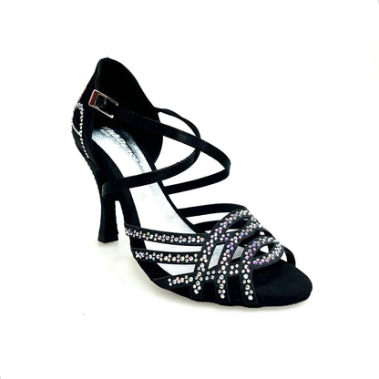 Scarpa da donna Carolin QC Marea L14 in raso seta nero con Swarovski Boreali, tacco a rocchetto slim alto, linea Bi-Flex Wish Dance Shop