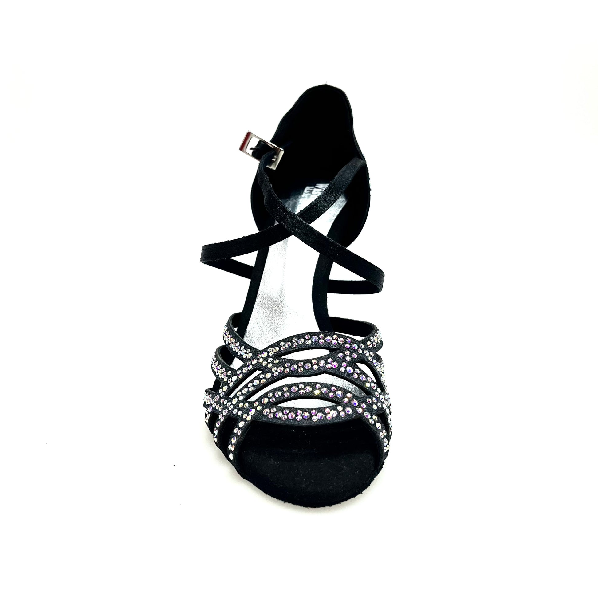 Scarpa da donna Carolin QC Marea L14 in raso seta nero corvino con Swarovski Boreali e tacco slim alto.