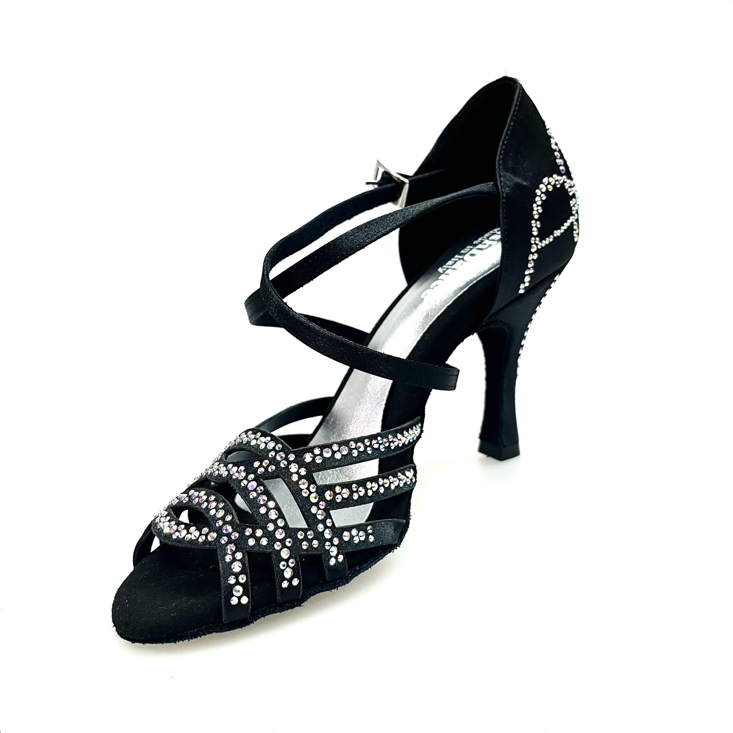 Scarpa da donna Carolin QC Wish Dance Shop in raso seta nero con Swarovski Boreali, tacco a rocchetto e linea Slim Latino alto.