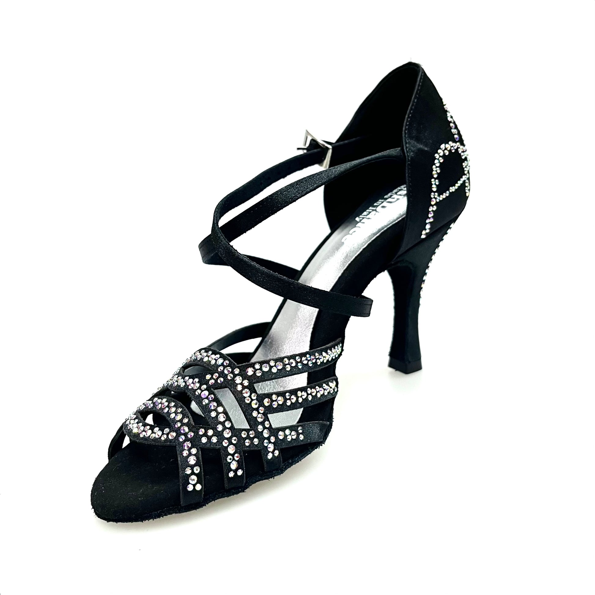 Scarpa da donna Carolin QC Wish Dance Shop in raso seta nero con Swarovski Boreali, tacco a rocchetto e linea Slim Latino alto.