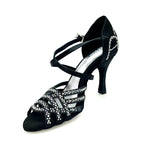 Carica immagine nella Galleria, CAROLIN QC (Marea L14) - Scarpa Da Donna Linea Bi-Flex in Raso Seta Nero Corvino Con Swarovski Boreali e Tacco a Rocchetto/Slim Latino Alto
