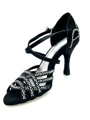 Load image into Gallery viewer, CAROLIN QC (Marea L14) - Woman&#39;s Shoe Bi-Flex Line in Black Satin Silk With Boreal Swarovski and Spool Heel / Slim Latin
