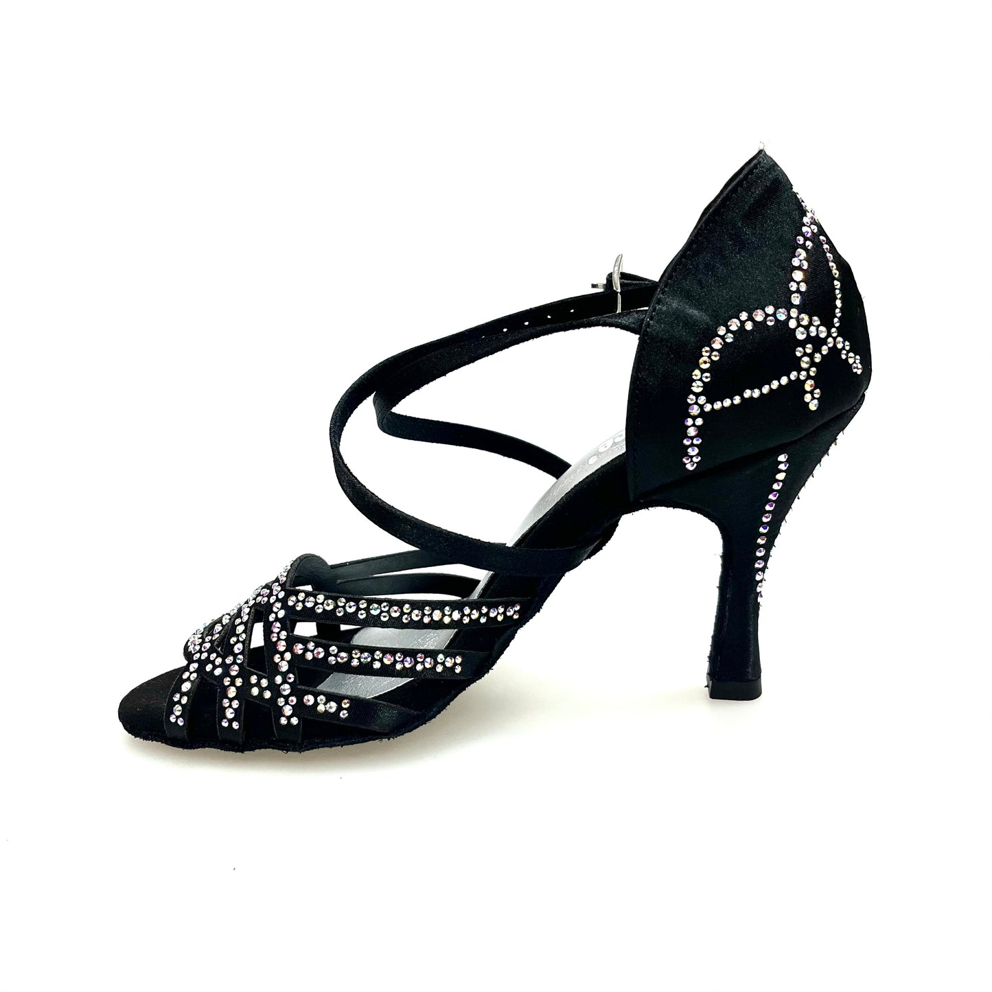 Scarpa da donna Carolin QC Marea L14 Wish Dance Shop in raso seta nero corvino con Swarovski e tacco a rocchetto alto.