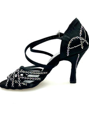 Load image into Gallery viewer, CAROLIN QC (Marea L14) - Woman&#39;s Shoe Bi-Flex Line in Black Satin Silk With Boreal Swarovski and Spool Heel / Slim Latin
