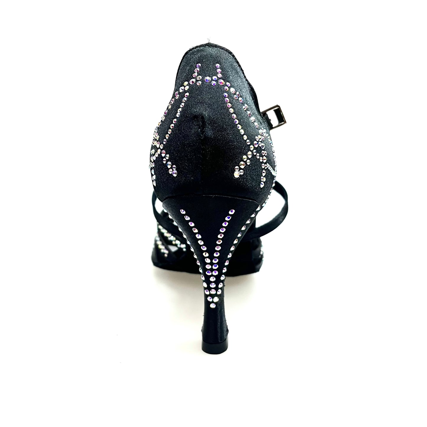 Scarpa da donna Carolin QC Marea L14 in raso seta nero con Swarovski boreali, tacco a rocchetto slim alto, linea Bi-Flex.
