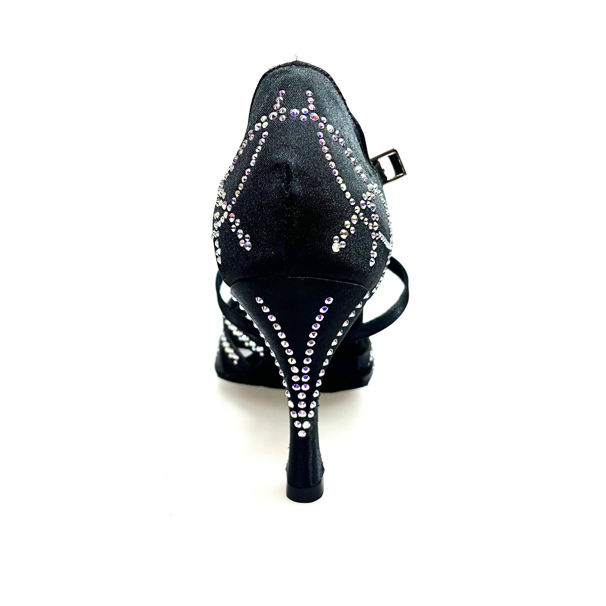 Scarpa da donna Carolin QC Marea L14 in raso seta nero con Swarovski boreali, tacco a rocchetto slim alto, linea Bi-Flex.