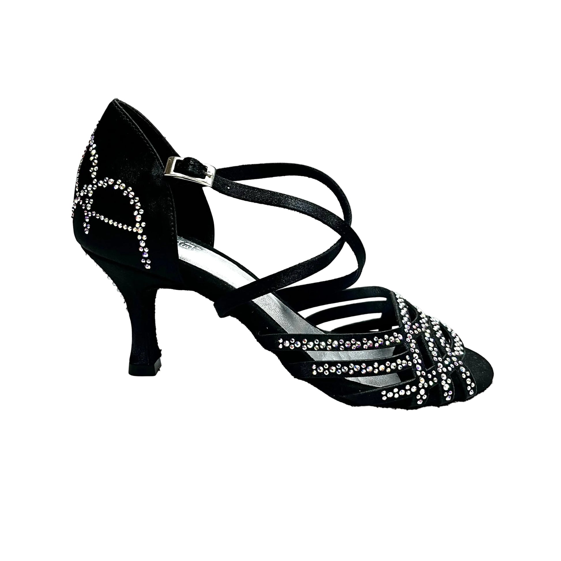 Scarpa da donna Carolin QC Marea L14 in raso seta nero con Swarovski Boreali e tacco a rocchetto slim latino basso.