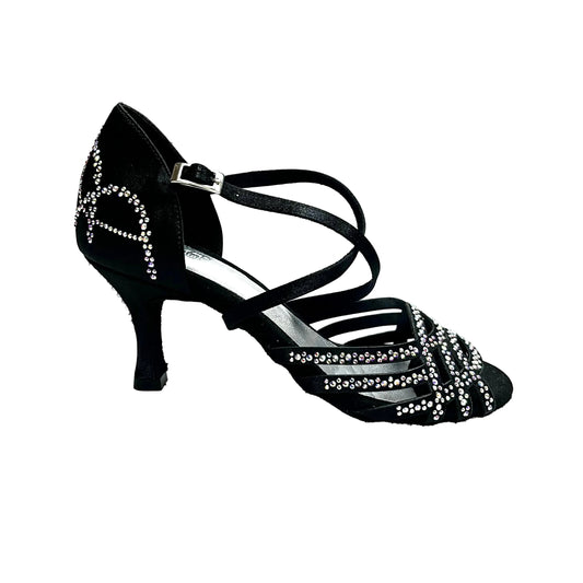 Scarpa da donna Carolin QC Marea L14 in raso seta nero con Swarovski Boreali e tacco a rocchetto slim latino basso.