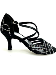 Carica immagine nella Galleria, CAROLIN QC (Marea L14) - Scarpa Da Donna Linea Bi-Flex in Raso Seta Nero Corvino Con Swarovski Boreali e Tacco a Rocchetto/Slim Latino Basso
