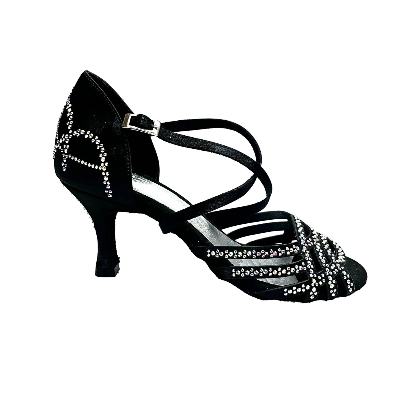 Scarpa donna Carolin QC Marea L14 in raso seta nero con Swarovski boreali, tacco a rocchetto slim basso, linea Bi-Flex.